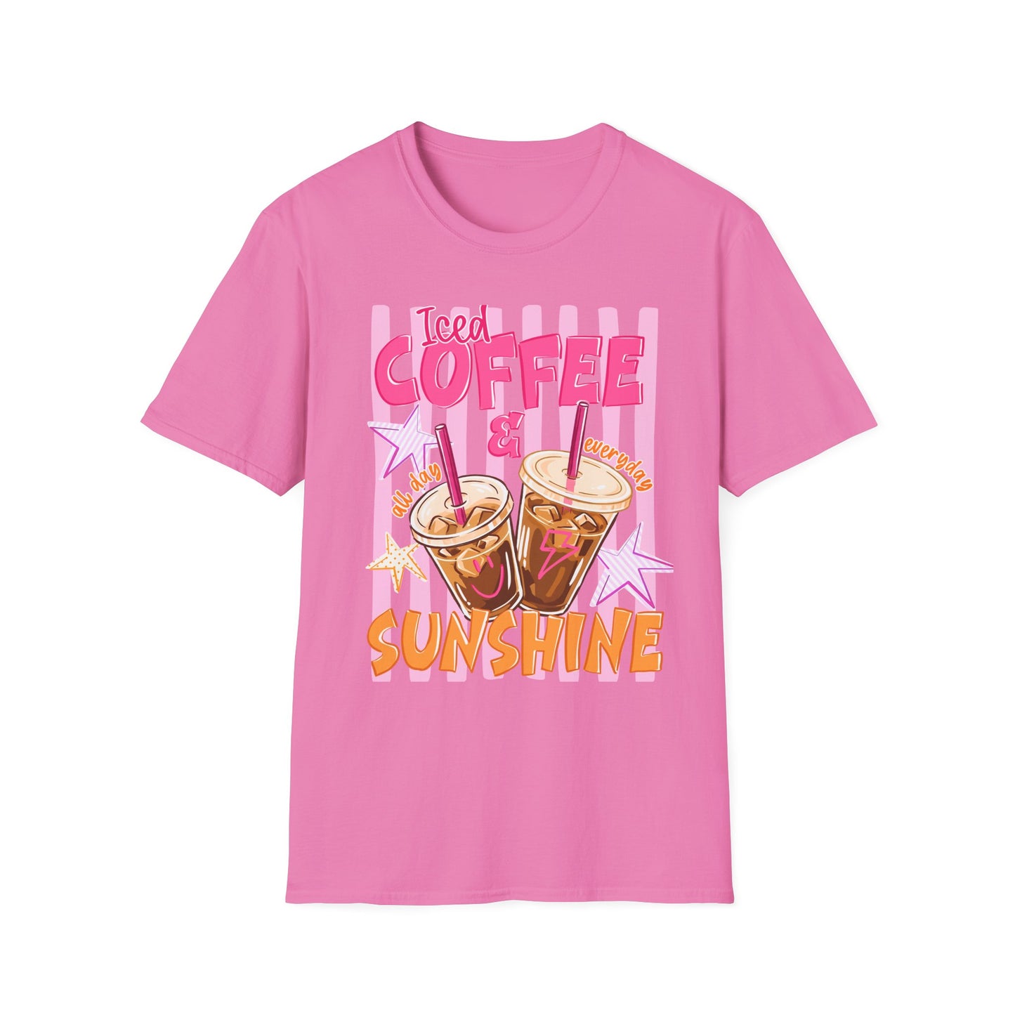 Iced Coffee & Sunshine T-Shirt | Retro Pink Stars Summer Beverage Tee | Graphic Tee
