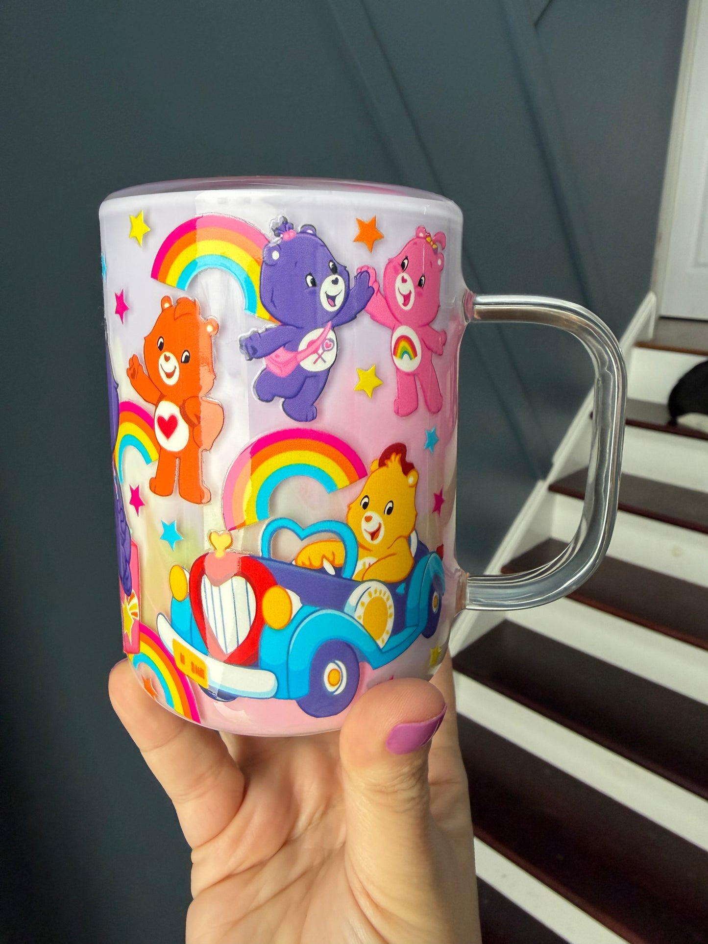 15oz Glass Cup - Acrylic Paint Care Bears