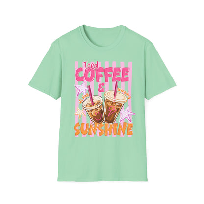 Iced Coffee & Sunshine T-Shirt | Retro Pink Stars Summer Beverage Tee | Graphic Tee