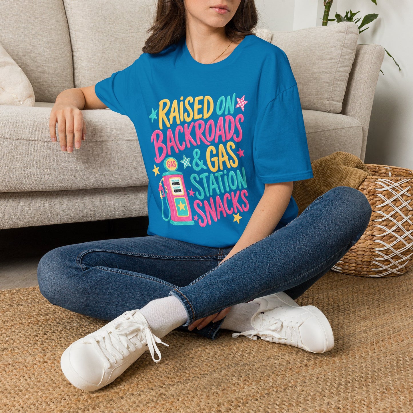Raised on Backroads & Gas Station Snacks T-Shirt | Retro Colorful Graphic