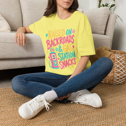 Raised on Backroads & Gas Station Snacks T-Shirt | Retro Colorful Graphic