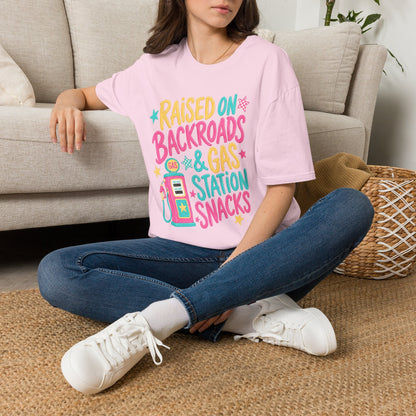 Raised on Backroads & Gas Station Snacks T-Shirt | Retro Colorful Graphic