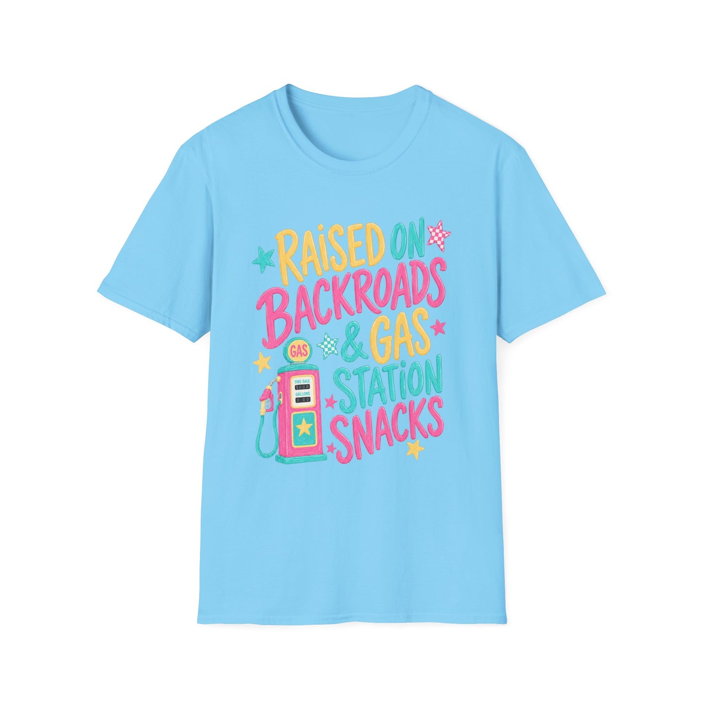 Raised on Backroads & Gas Station Snacks T-Shirt | Retro Colorful Graphic