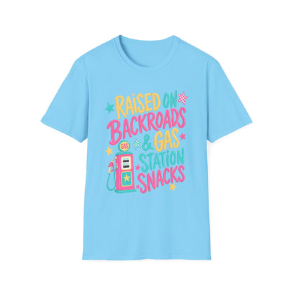 Raised on Backroads & Gas Station Snacks T-Shirt | Retro Colorful Graphic