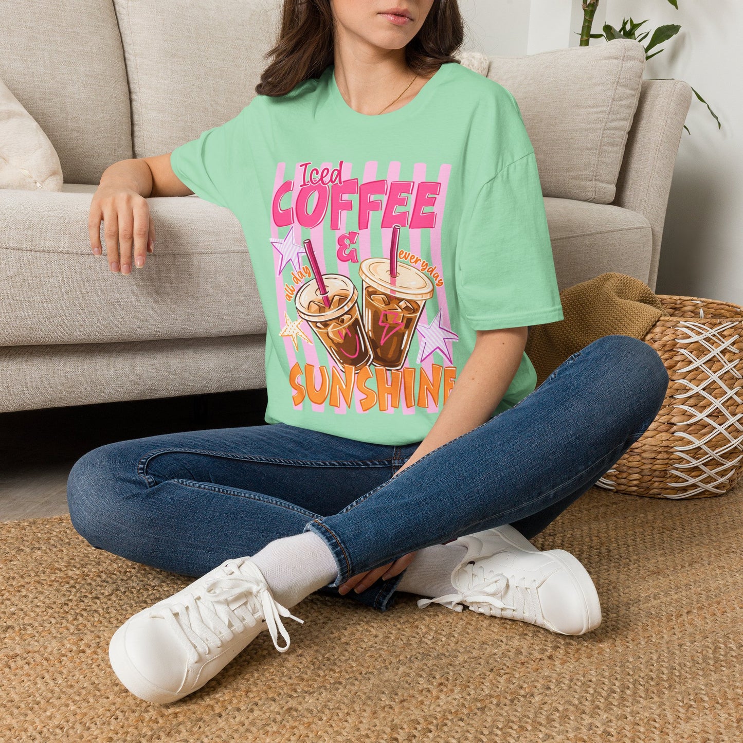 Iced Coffee & Sunshine T-Shirt | Retro Pink Stars Summer Beverage Tee | Graphic Tee