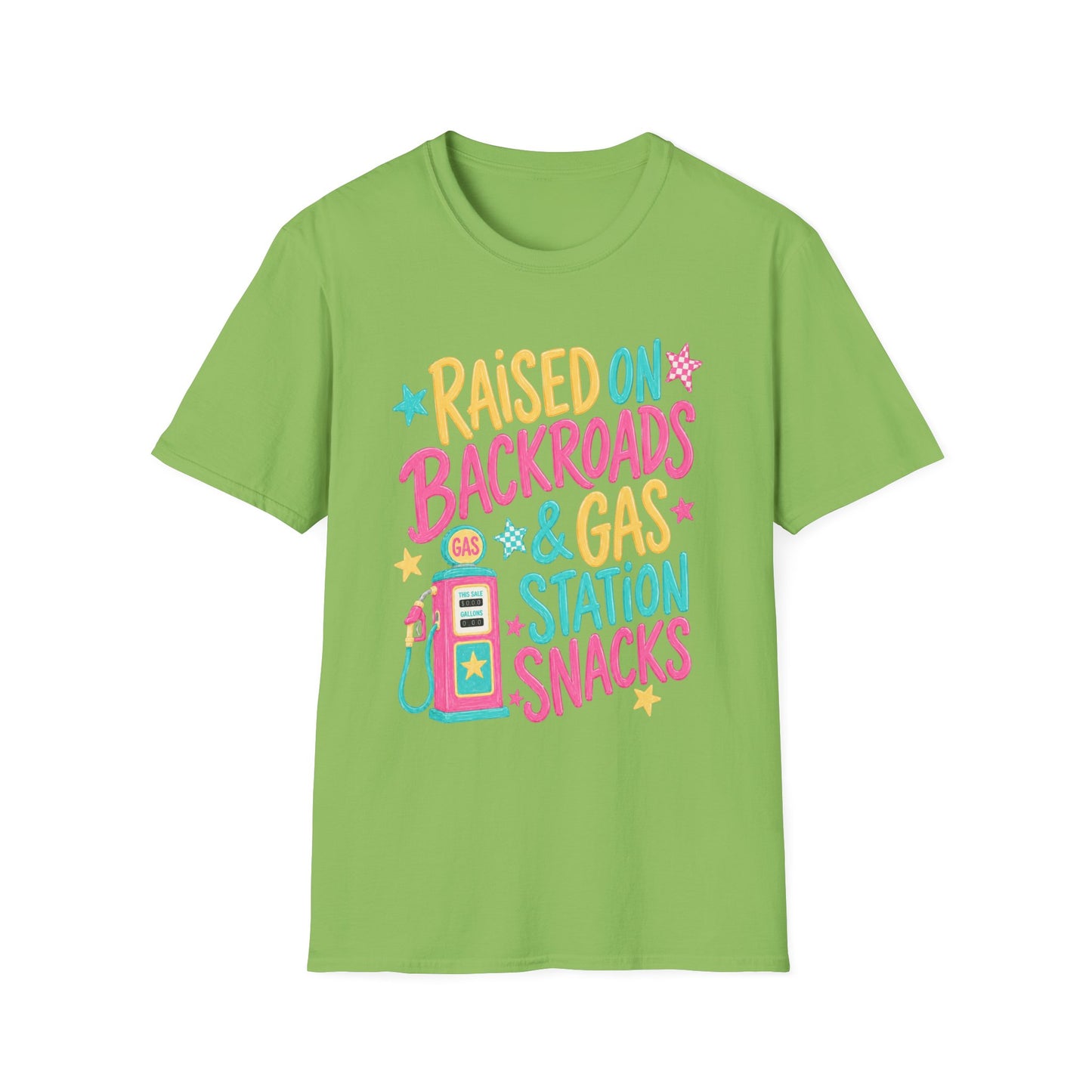 Raised on Backroads & Gas Station Snacks T-Shirt | Retro Colorful Graphic