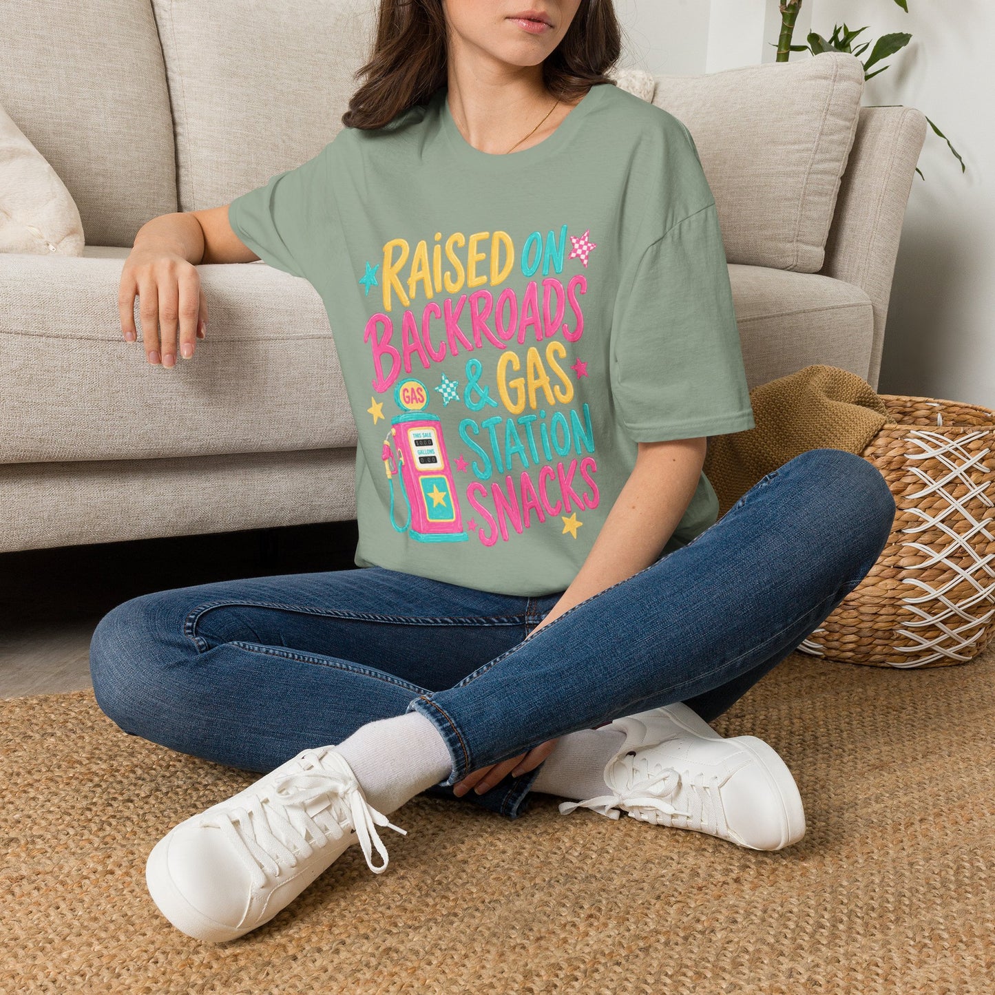 Raised on Backroads & Gas Station Snacks T-Shirt | Retro Colorful Graphic