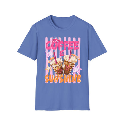 Iced Coffee & Sunshine T-Shirt | Retro Pink Stars Summer Beverage Tee | Graphic Tee