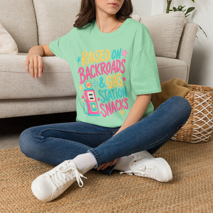 Raised on Backroads & Gas Station Snacks T-Shirt | Retro Colorful Graphic