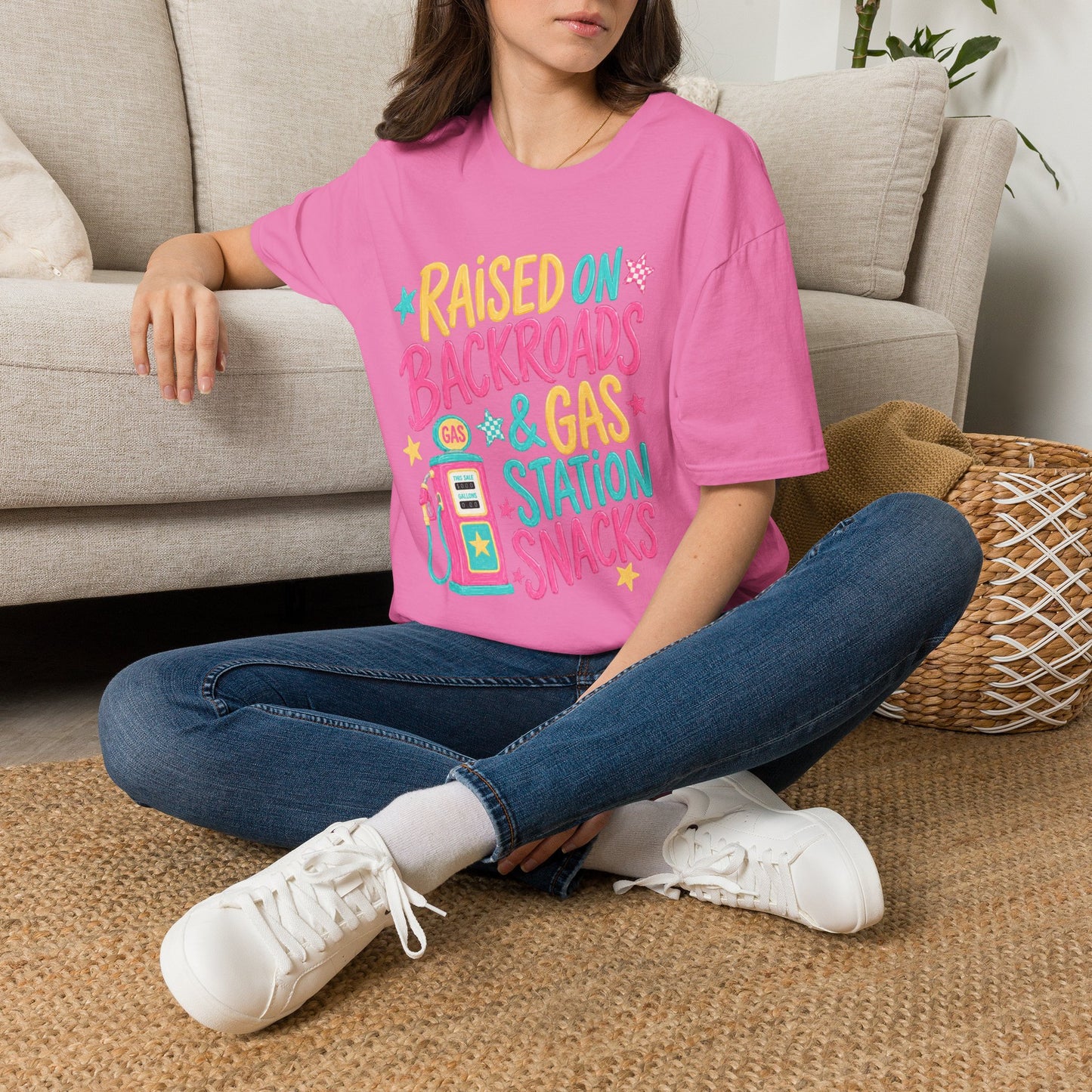 Raised on Backroads & Gas Station Snacks T-Shirt | Retro Colorful Graphic