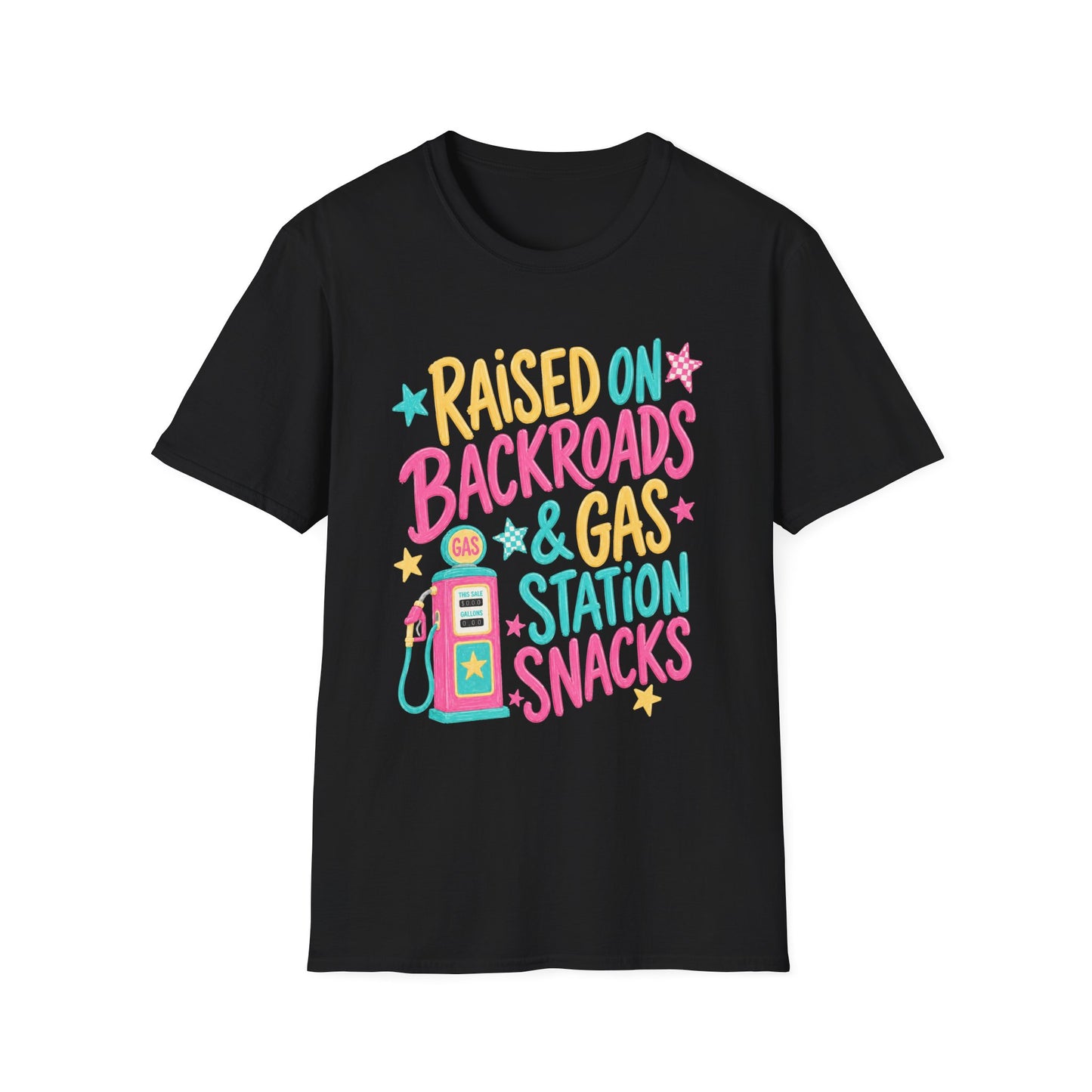 Raised on Backroads & Gas Station Snacks T-Shirt | Retro Colorful Graphic
