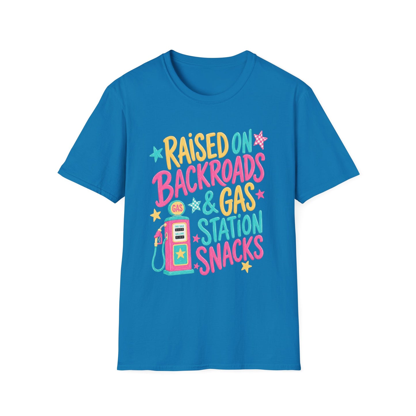 Raised on Backroads & Gas Station Snacks T-Shirt | Retro Colorful Graphic