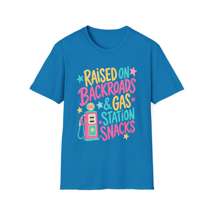 Raised on Backroads & Gas Station Snacks T-Shirt | Retro Colorful Graphic