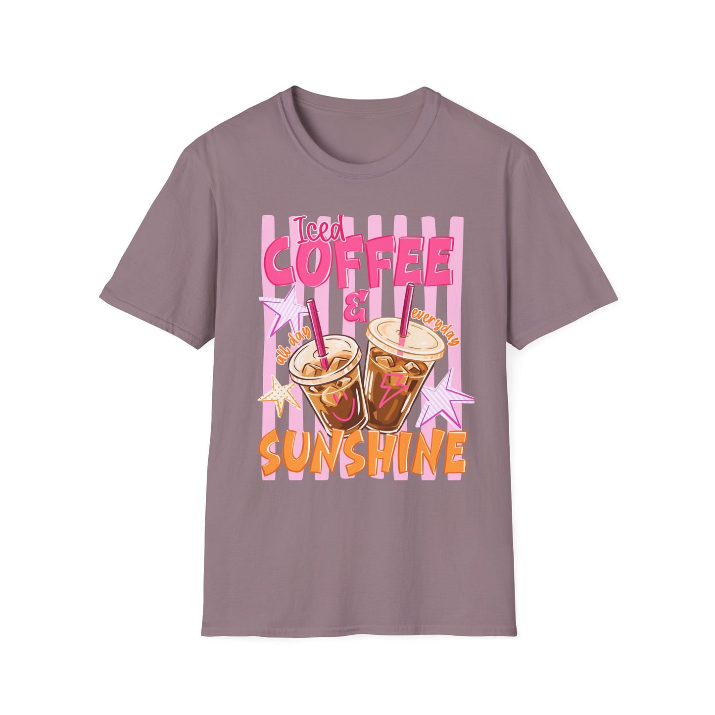 Iced Coffee & Sunshine T-Shirt | Retro Pink Stars Summer Beverage Tee | Graphic Tee