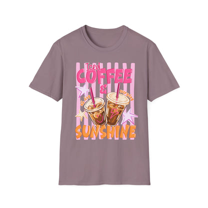 Iced Coffee & Sunshine T-Shirt | Retro Pink Stars Summer Beverage Tee | Graphic Tee
