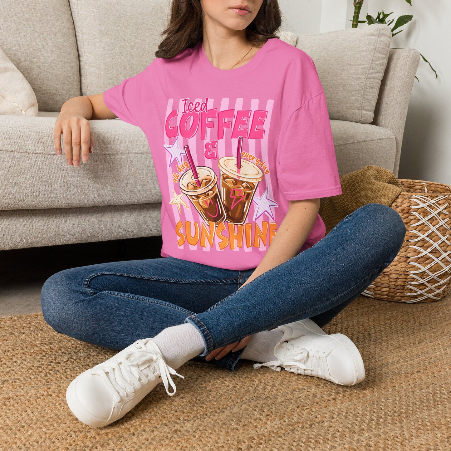 Iced Coffee & Sunshine T-Shirt | Retro Pink Stars Summer Beverage Tee | Graphic Tee