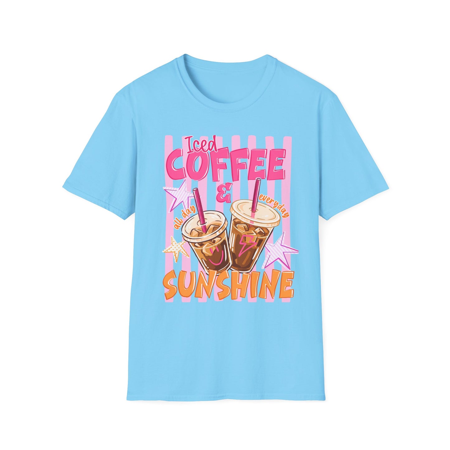 Iced Coffee & Sunshine T-Shirt | Retro Pink Stars Summer Beverage Tee | Graphic Tee