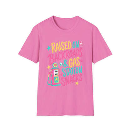 Raised on Backroads & Gas Station Snacks T-Shirt | Retro Colorful Graphic