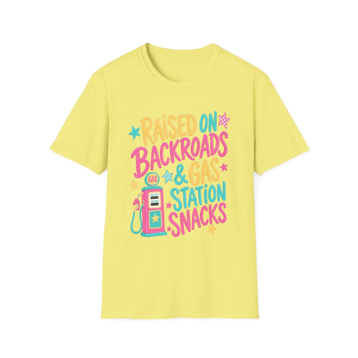 Raised on Backroads & Gas Station Snacks T-Shirt | Retro Colorful Graphic