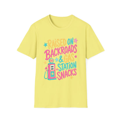 Raised on Backroads & Gas Station Snacks T-Shirt | Retro Colorful Graphic