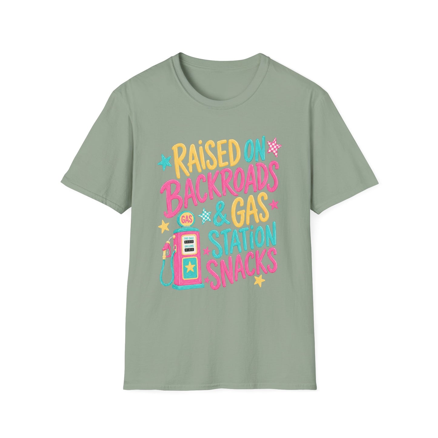 Raised on Backroads & Gas Station Snacks T-Shirt | Retro Colorful Graphic
