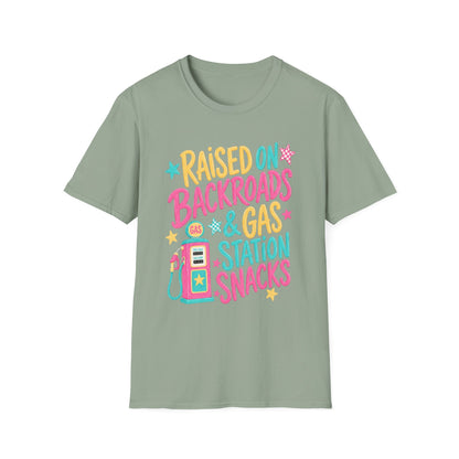 Raised on Backroads & Gas Station Snacks T-Shirt | Retro Colorful Graphic