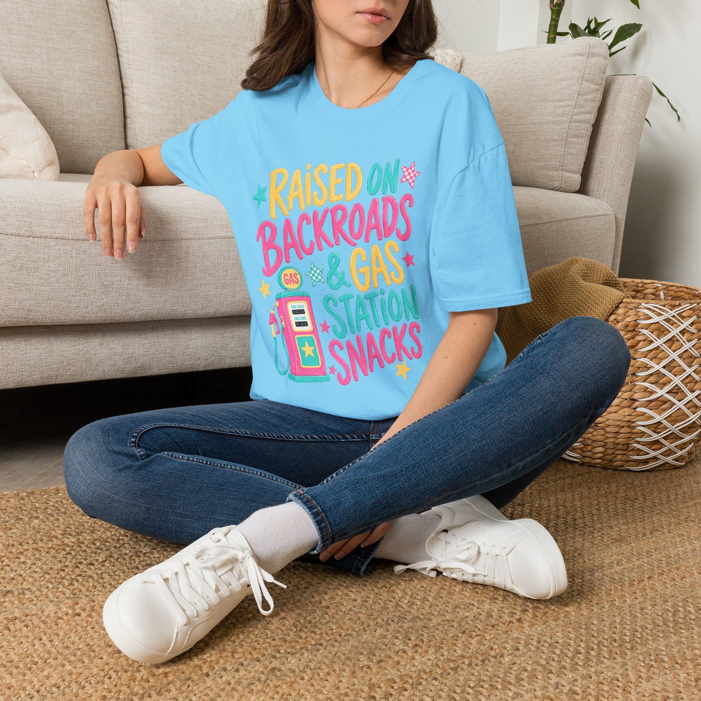 Raised on Backroads & Gas Station Snacks T-Shirt | Retro Colorful Graphic