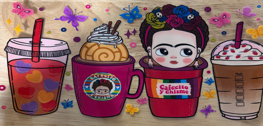 Frida Kahlo Inspired Coffee UVDTF Wrap – Cute Fruit & Coffee UV DTF Decal | Tumbler & Cup Wrap