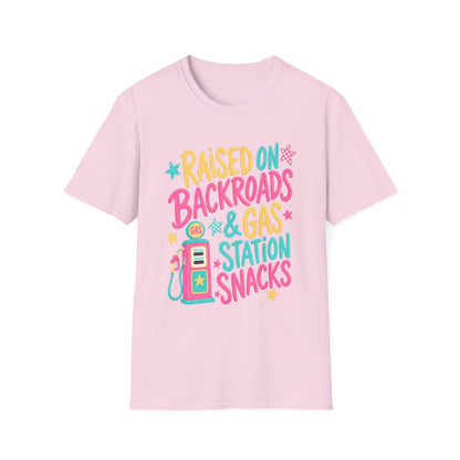Raised on Backroads & Gas Station Snacks T-Shirt | Retro Colorful Graphic