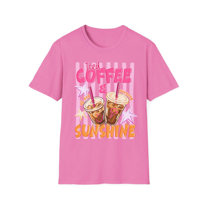Iced Coffee & Sunshine T-Shirt | Retro Pink Stars Summer Beverage Tee | Graphic Tee