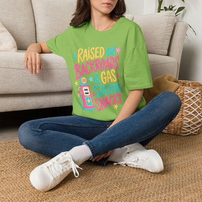 Raised on Backroads & Gas Station Snacks T-Shirt | Retro Colorful Graphic