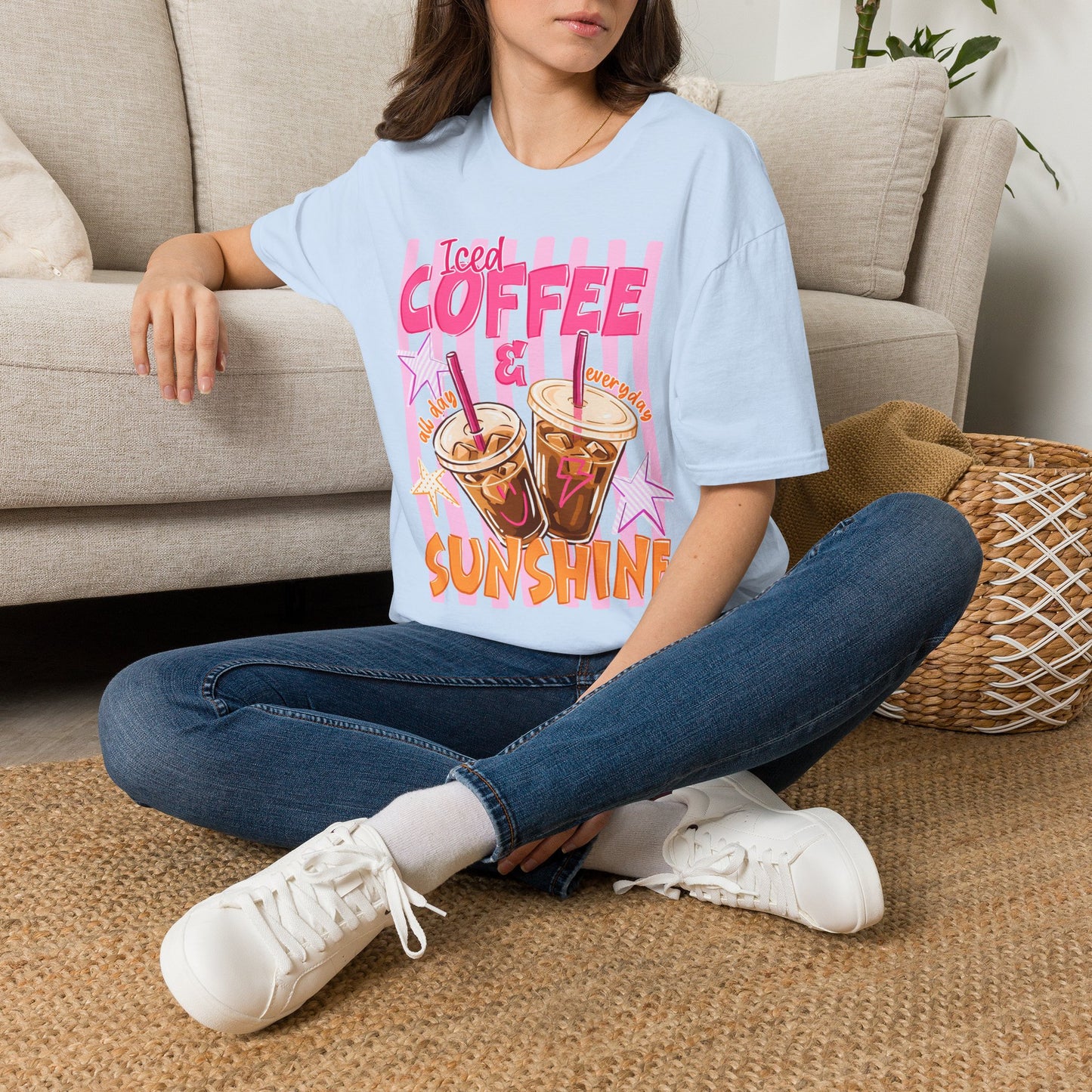 Iced Coffee & Sunshine T-Shirt | Retro Pink Stars Summer Beverage Tee | Graphic Tee