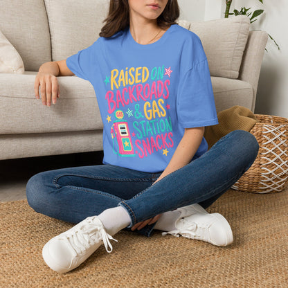 Raised on Backroads & Gas Station Snacks T-Shirt | Retro Colorful Graphic