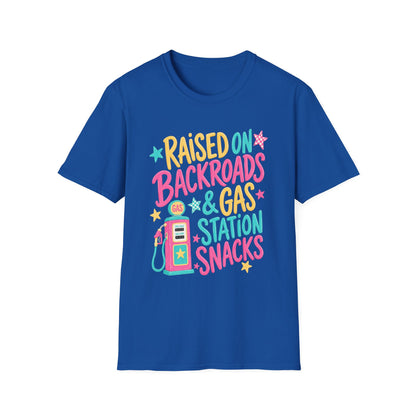 Raised on Backroads & Gas Station Snacks T-Shirt | Retro Colorful Graphic