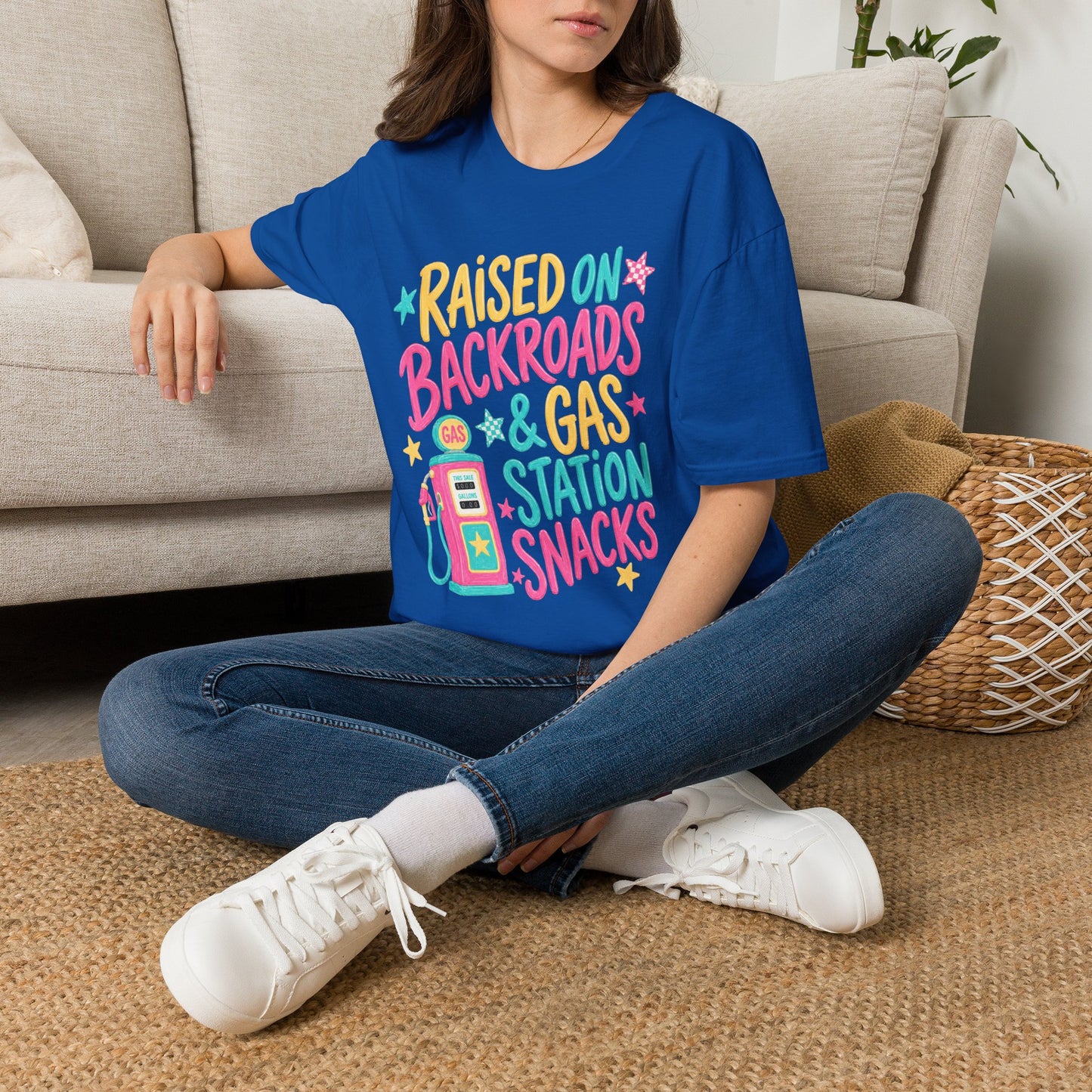 Raised on Backroads & Gas Station Snacks T-Shirt | Retro Colorful Graphic