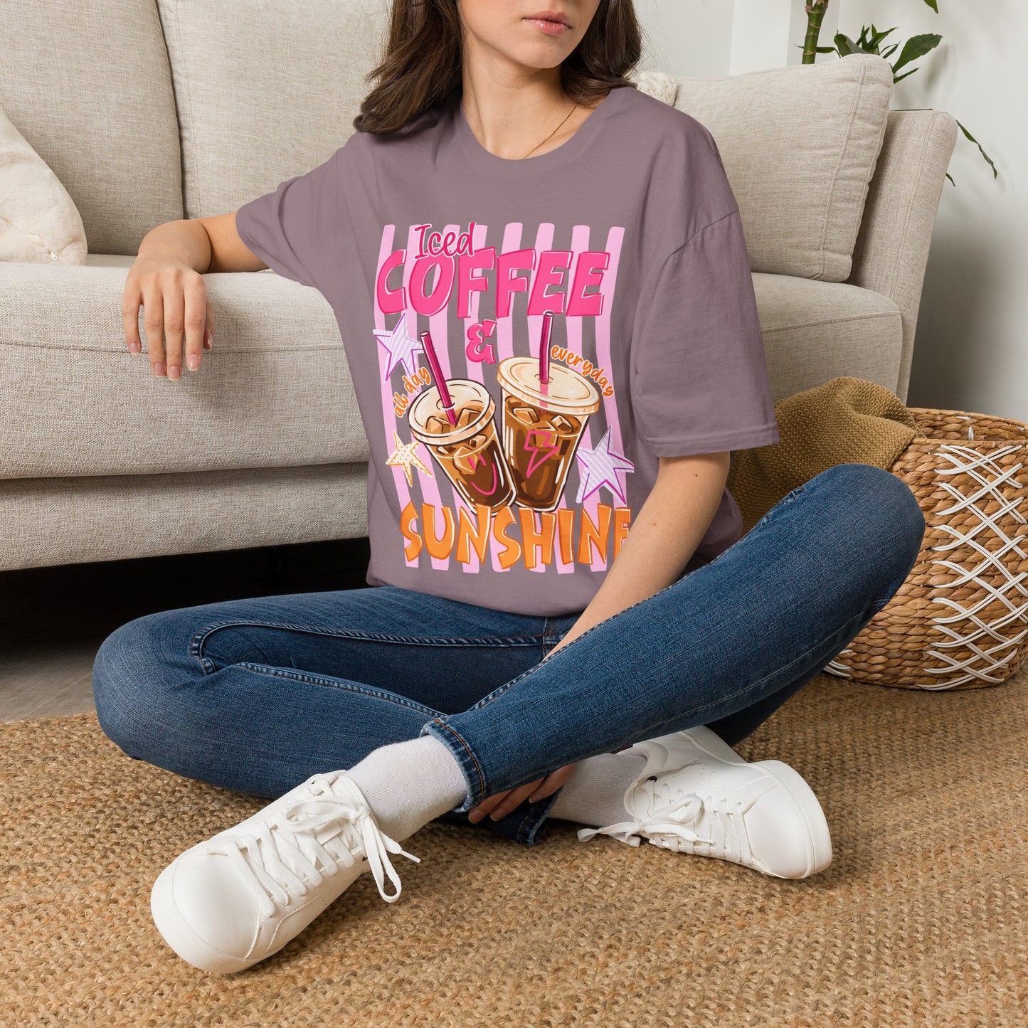 Iced Coffee & Sunshine T-Shirt | Retro Pink Stars Summer Beverage Tee | Graphic Tee