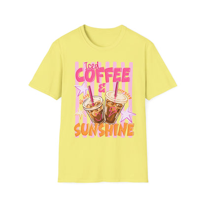 Iced Coffee & Sunshine T-Shirt | Retro Pink Stars Summer Beverage Tee | Graphic Tee