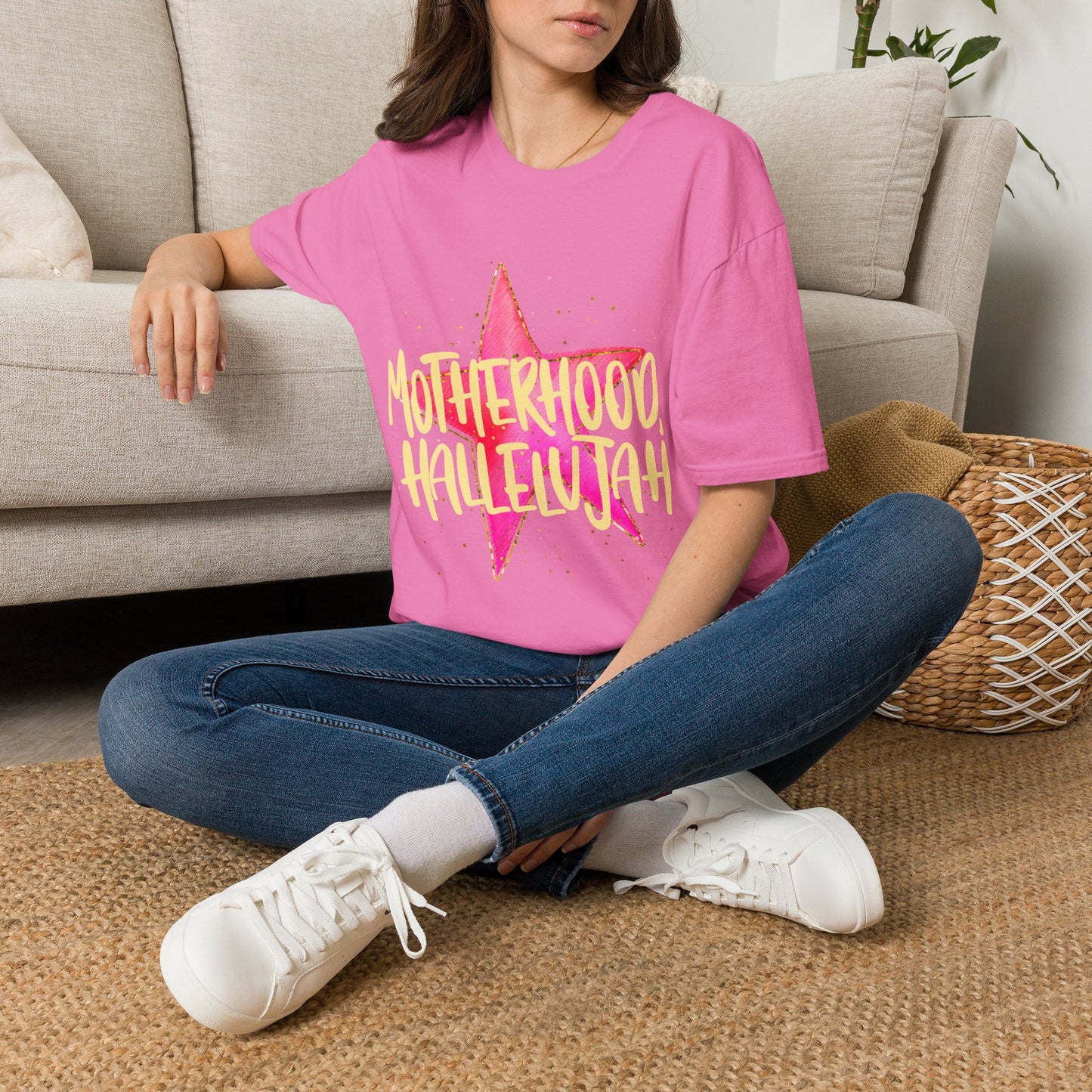 Pink Star Motherhood T-Shirt | Mom Graphic Tee, Neon Brush Lettering