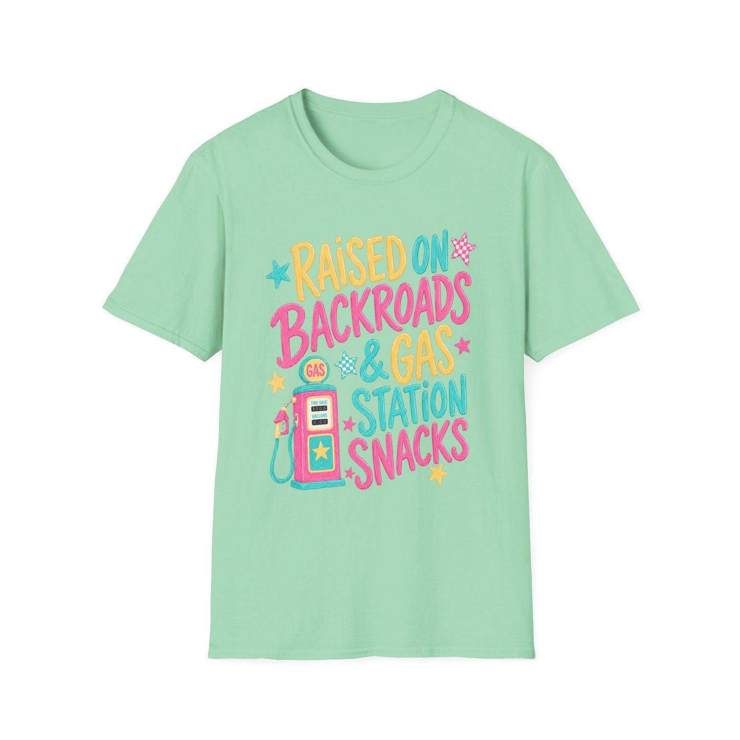Raised on Backroads & Gas Station Snacks T-Shirt | Retro Colorful Graphic