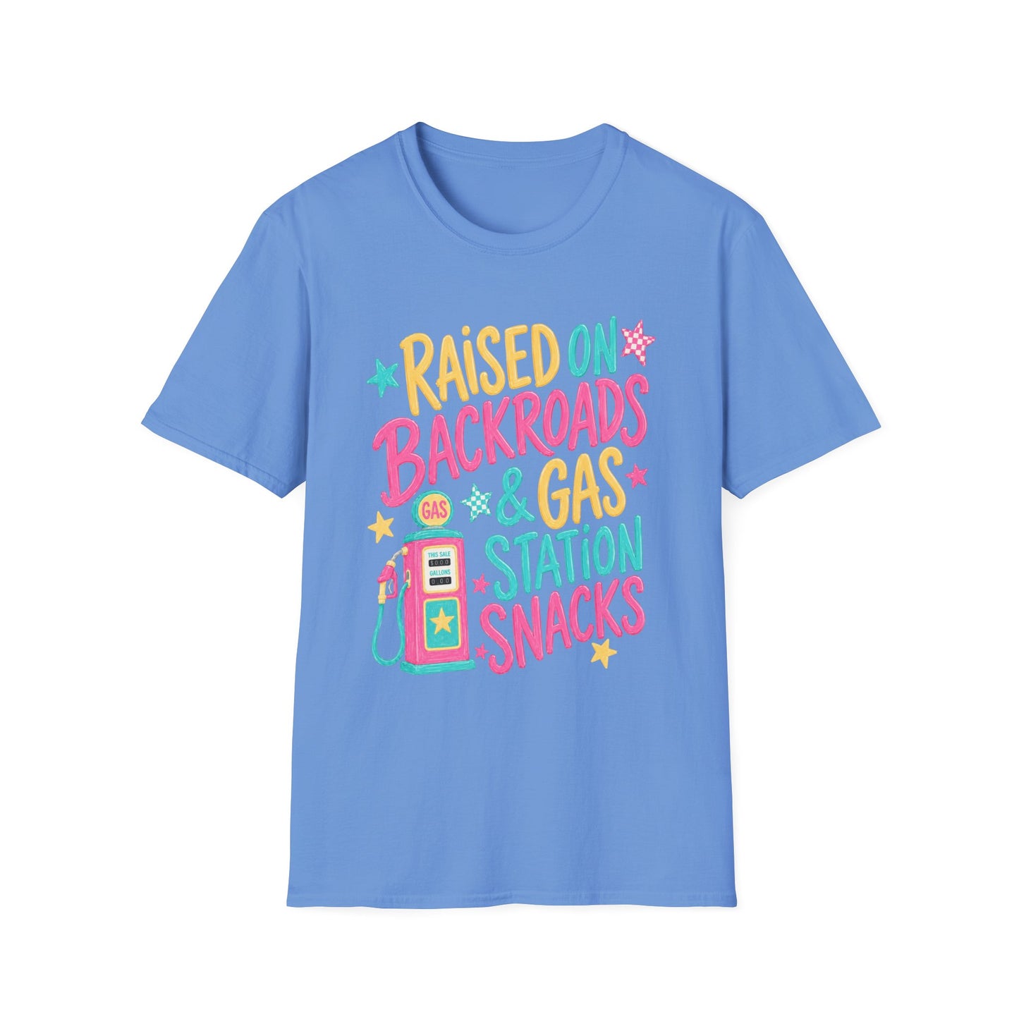 Raised on Backroads & Gas Station Snacks T-Shirt | Retro Colorful Graphic