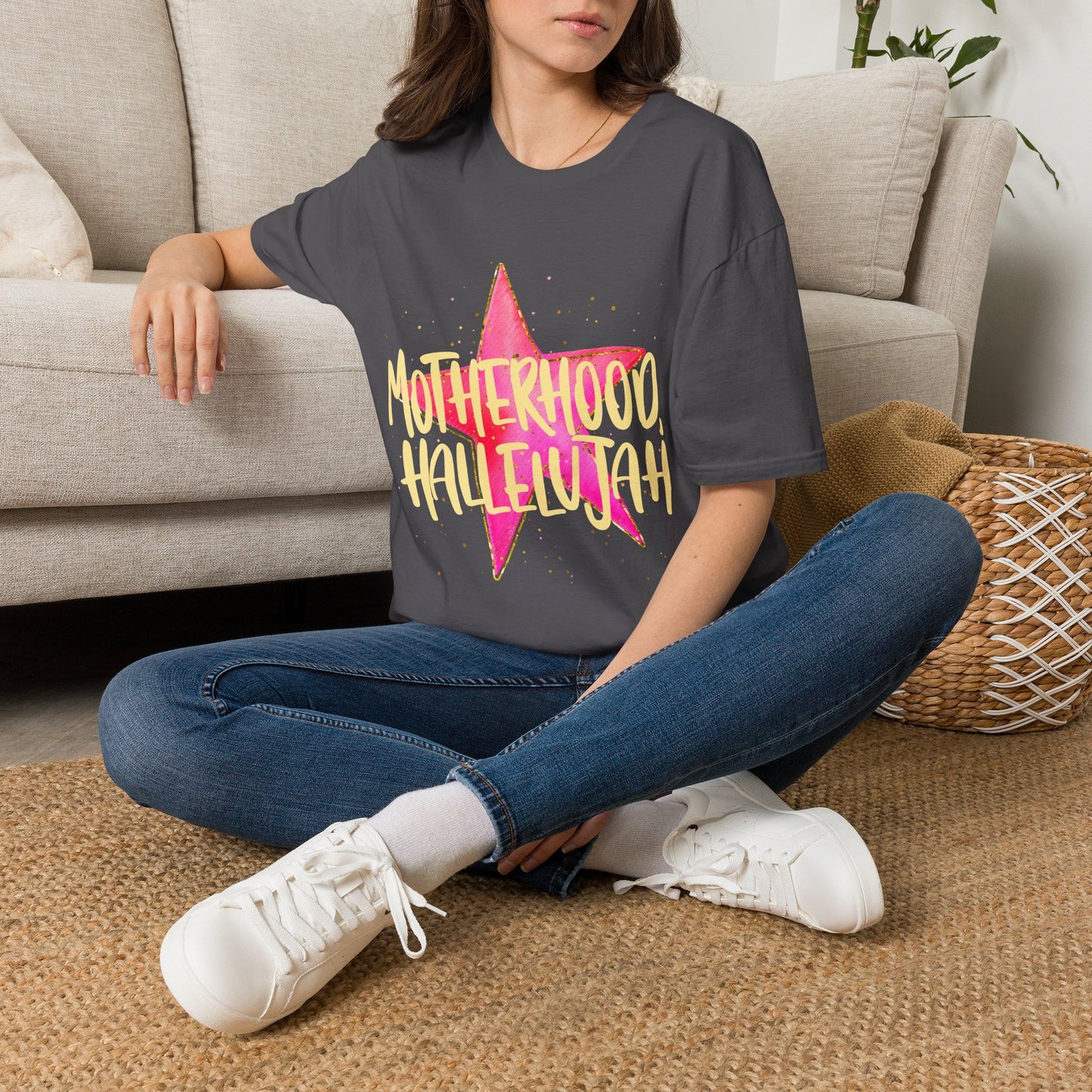Pink Star Motherhood T-Shirt | Mom Graphic Tee, Neon Brush Lettering