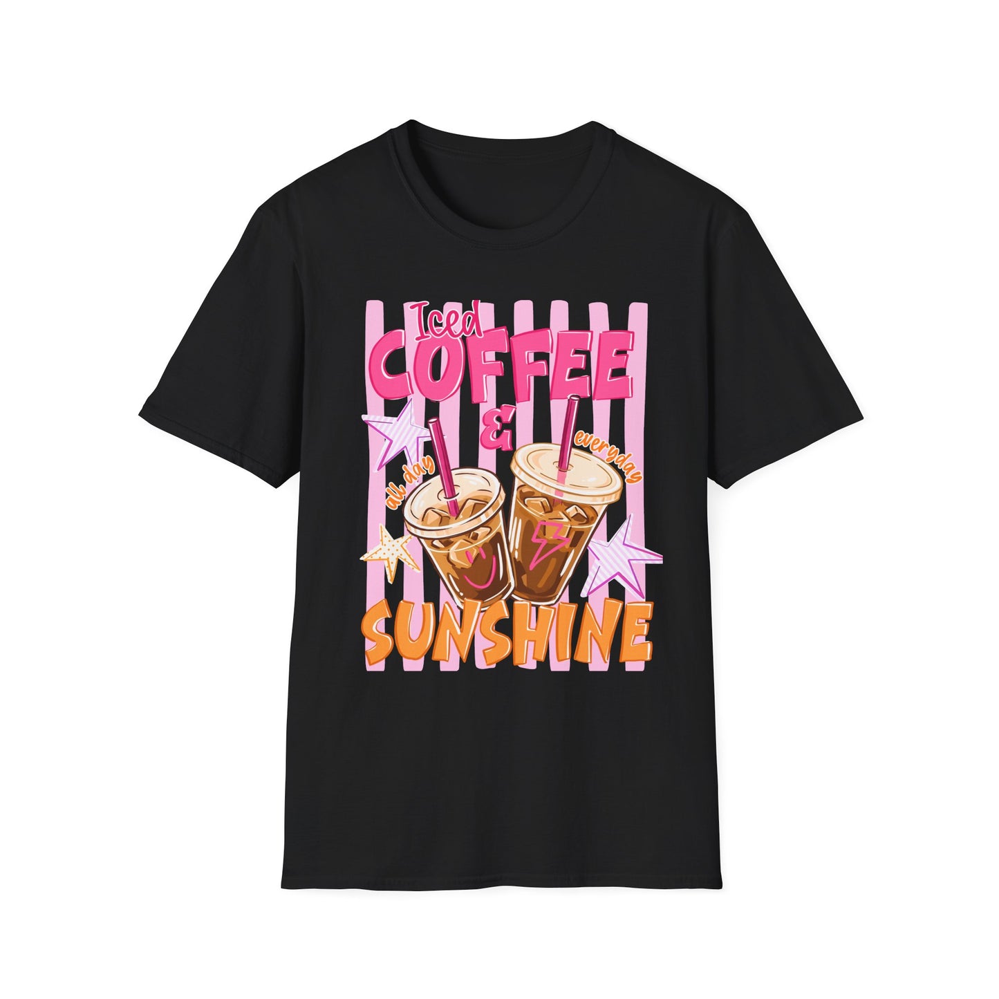 Iced Coffee & Sunshine T-Shirt | Retro Pink Stars Summer Beverage Tee | Graphic Tee