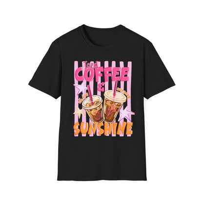 Iced Coffee & Sunshine T-Shirt | Retro Pink Stars Summer Beverage Tee | Graphic Tee