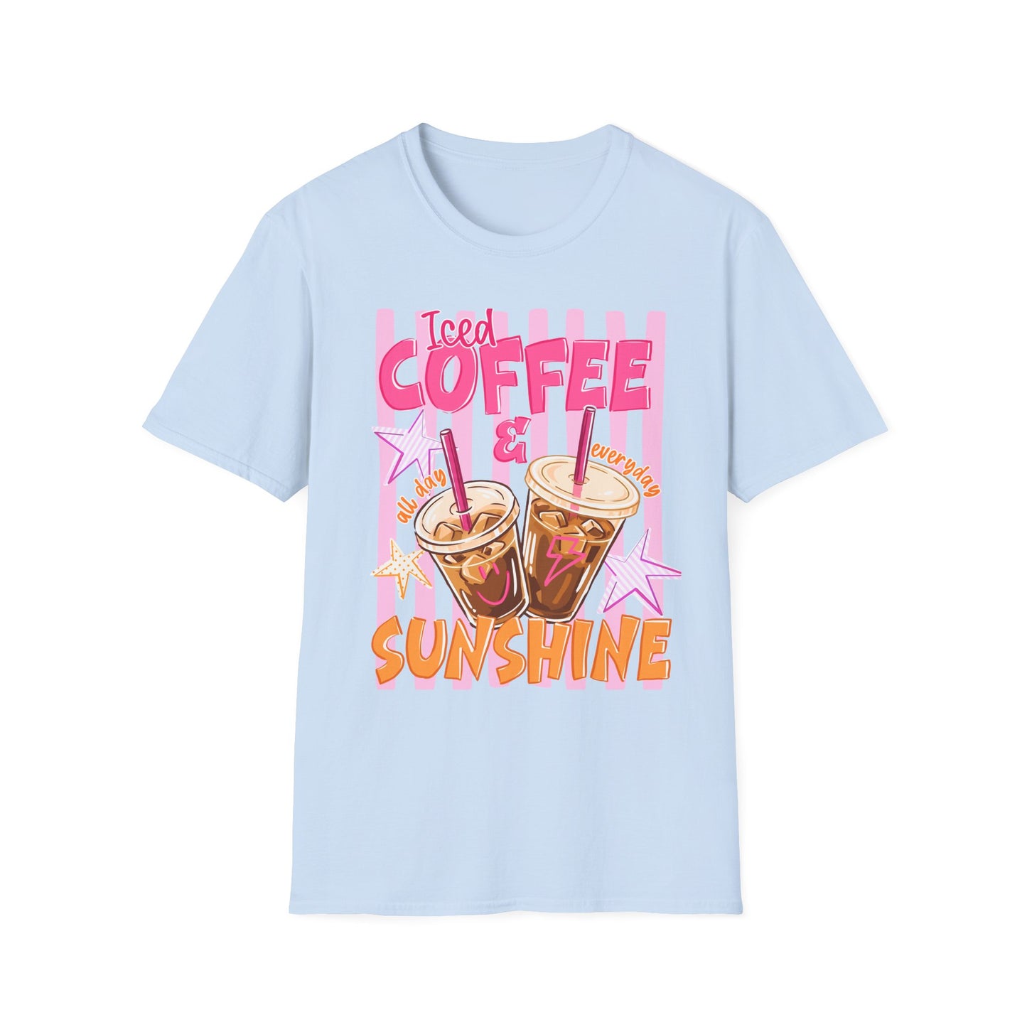Iced Coffee & Sunshine T-Shirt | Retro Pink Stars Summer Beverage Tee | Graphic Tee