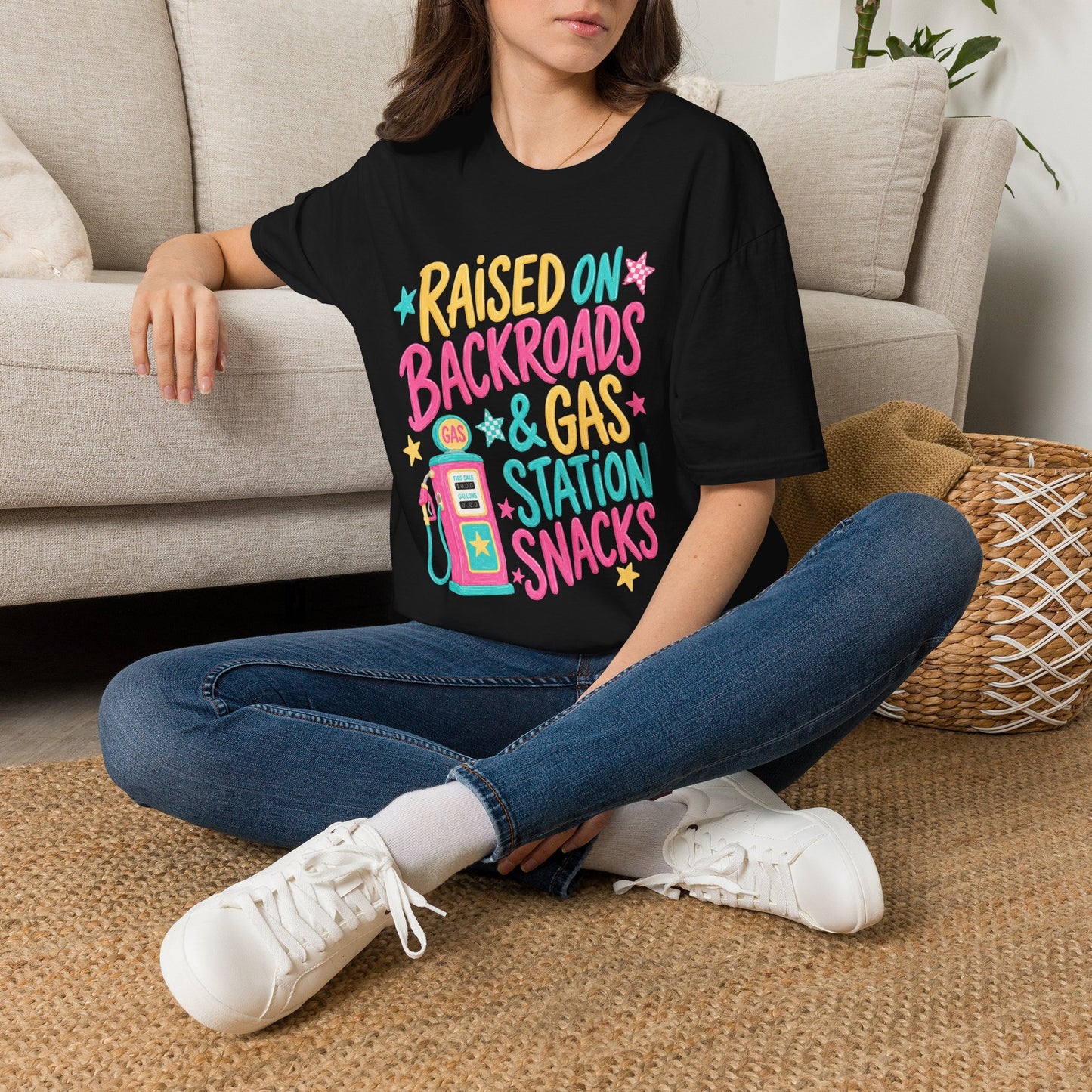 Raised on Backroads & Gas Station Snacks T-Shirt | Retro Colorful Graphic