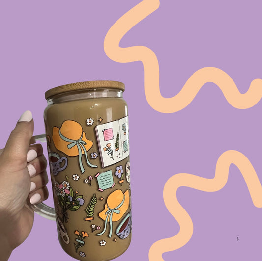 16oz Glass Snowglobe Tumbler - Cottage Core Coffee Drip